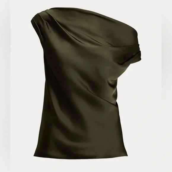 NWT Ralph Lauren Satin Charmeuse Off-the-Shoulder Blouse Botanic Green XSP - Picture 3 of 7